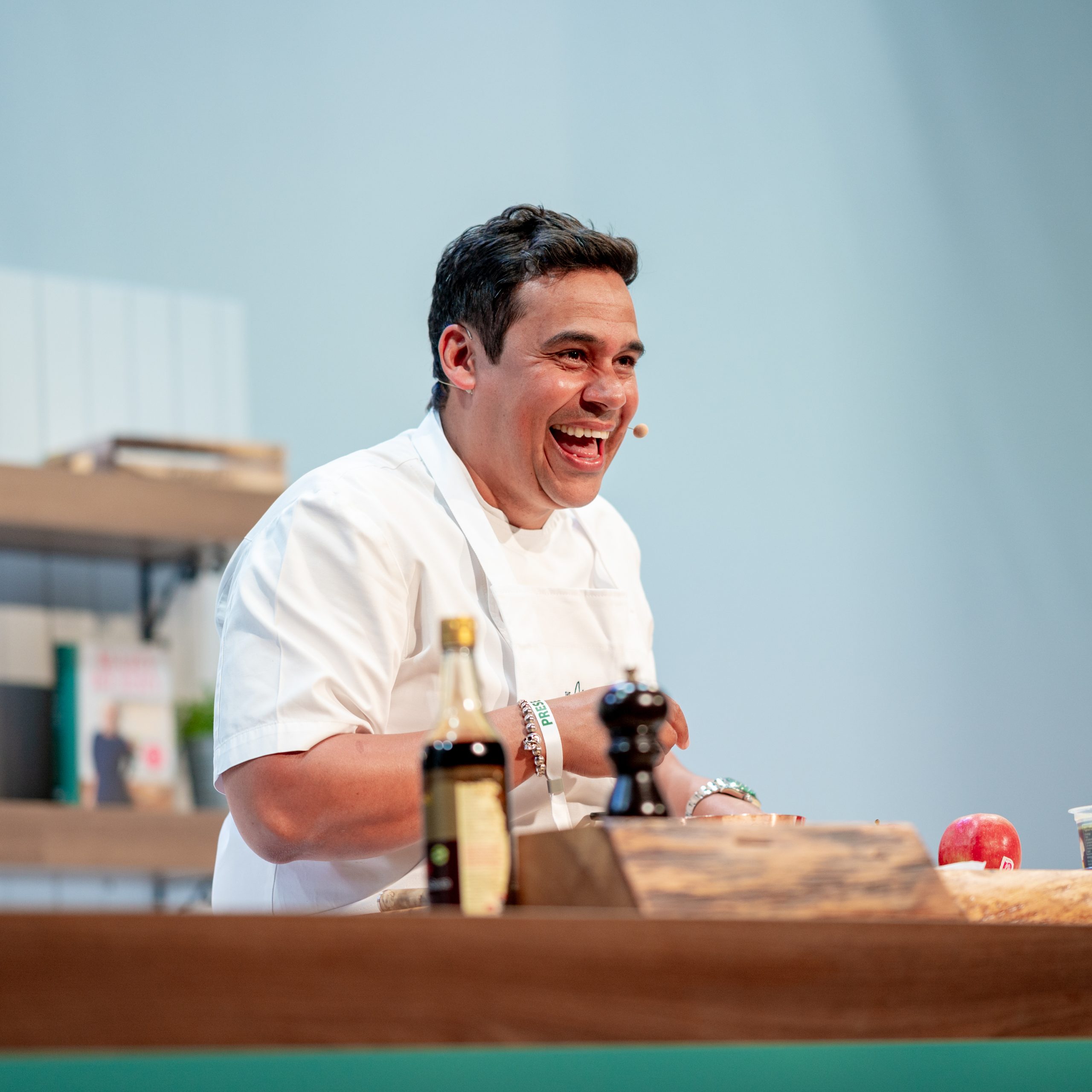 Paul Ainsworth smiling on stage at BBC Good Food Show Summer